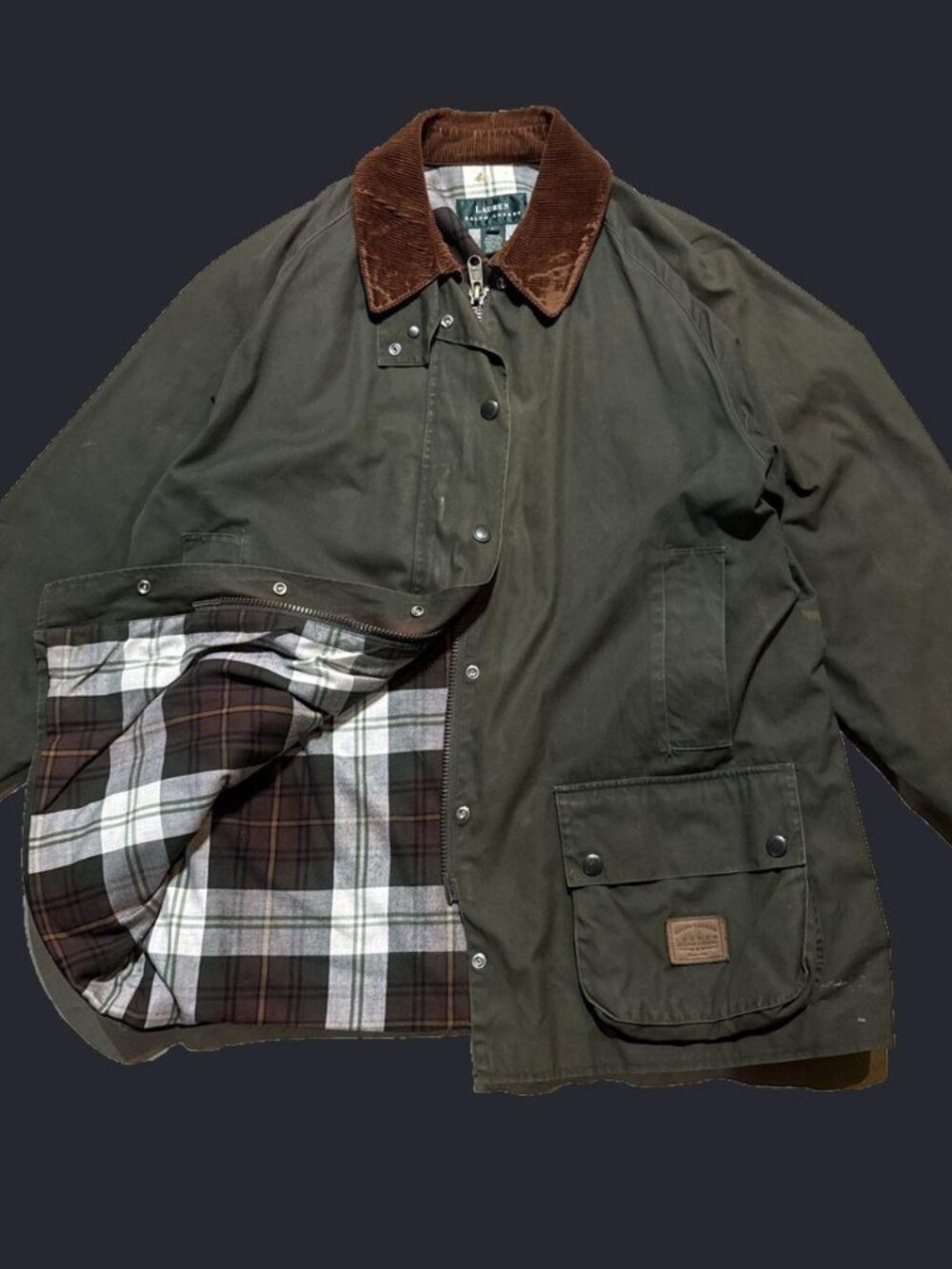 Lauren Ralph Lauren Women's Green Field Jacket L Corduroy Collar Plaid Lined